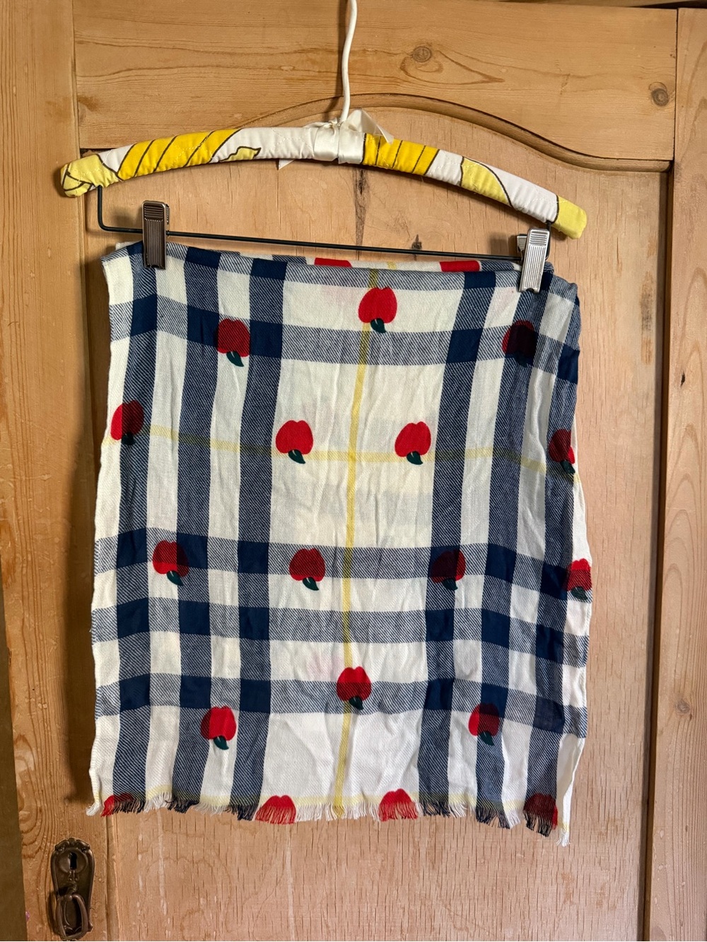 Navy Plaid Scarf with Red Apple Print